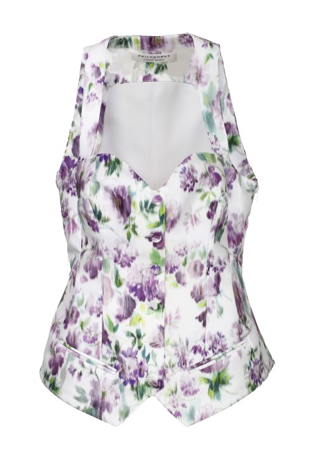 Shop PHILOSOPHY  Top: Philosophy top in radzmir with flower print.
Floral fantasy.
Buttons embroidered on the front.
Sweetheart neckline.
Sleeveless.
Back zip closure.
Lined.
Composition: 100% Polyester.
Made in Hungary.. 0803 0735-A1268GLICINE